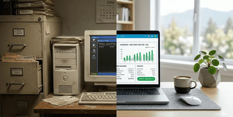 Split comparison of old filing cabinet with desktop computer versus modern laptop with cloud dashboard