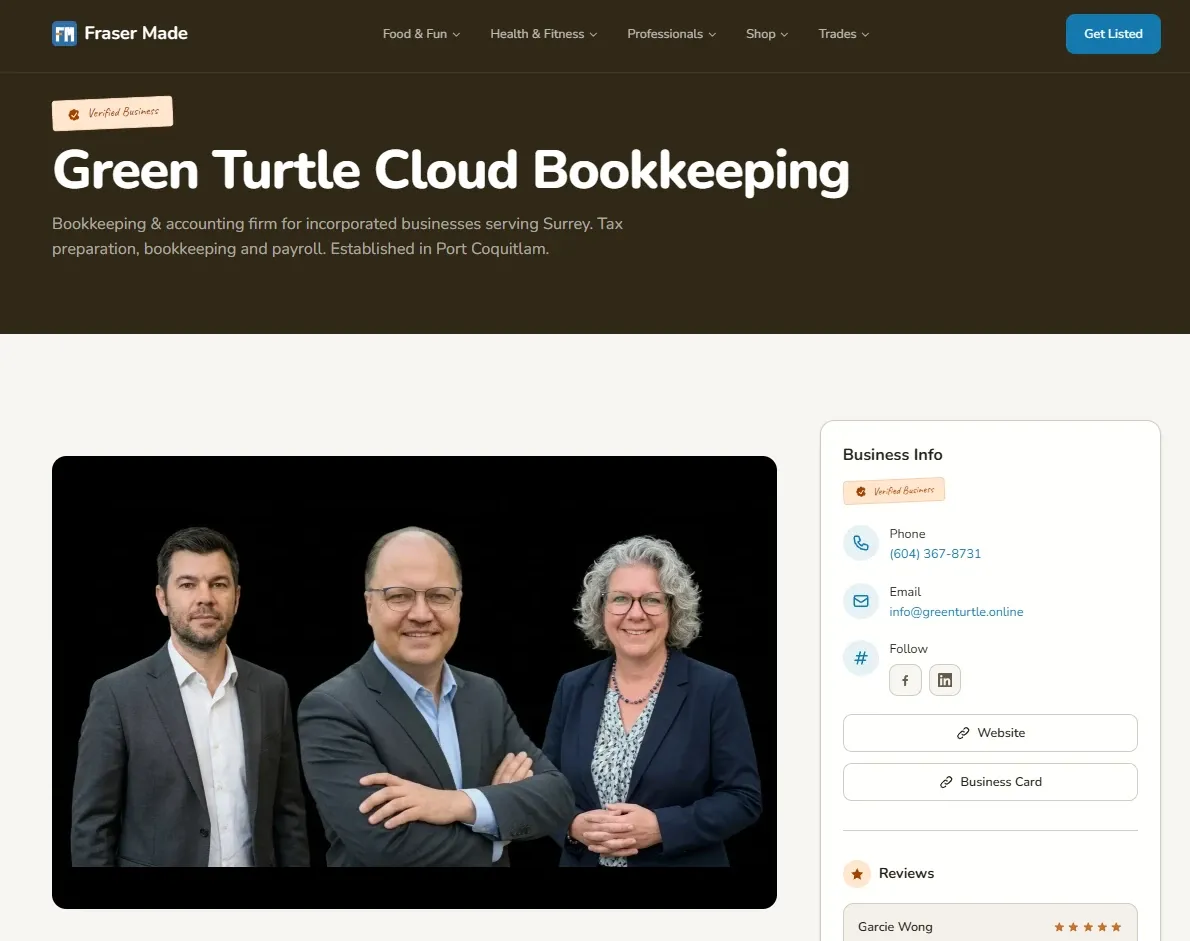 Green Turtle Cloud Bookkeeping listing on the Fraser Made directory