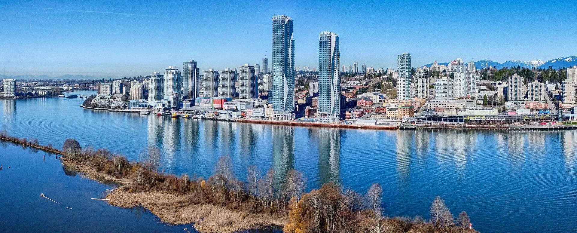 The New Westminster waterfront and towers along the Fraser River
