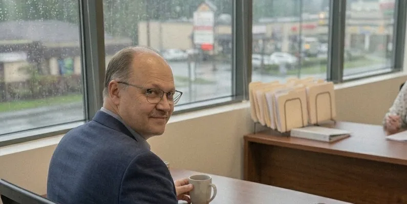 Rosty Pavlovskyy at his desk matching bank statements to the books