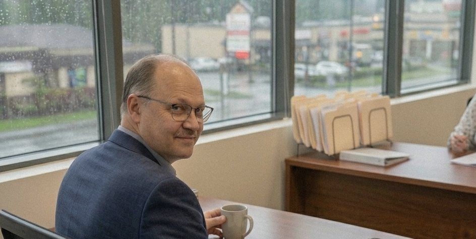 Rosty Pavlovskyy at his desk matching bank statements to the books