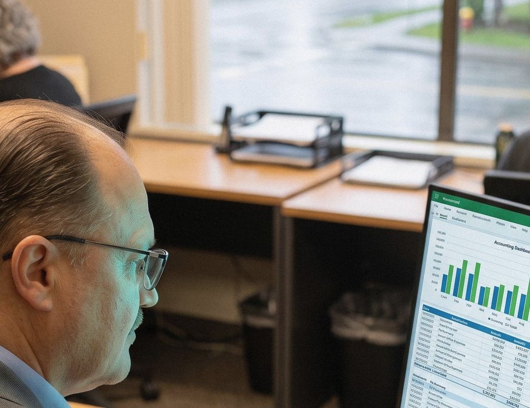 Rosty Pavlovskyy reviewing a client's cash flow dashboard at Green Turtle