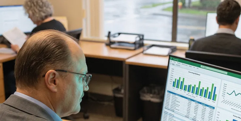 Rosty Pavlovskyy reviewing a client's cash flow dashboard at Green Turtle