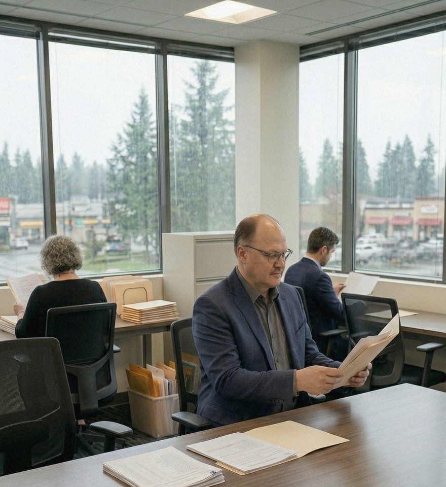 Rosty Pavlovskyy reviewing a client's files while the Green Turtle team works behind him