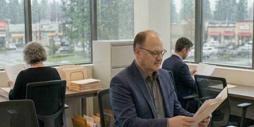 Rosty Pavlovskyy reviewing a client's files while the Green Turtle team works behind him