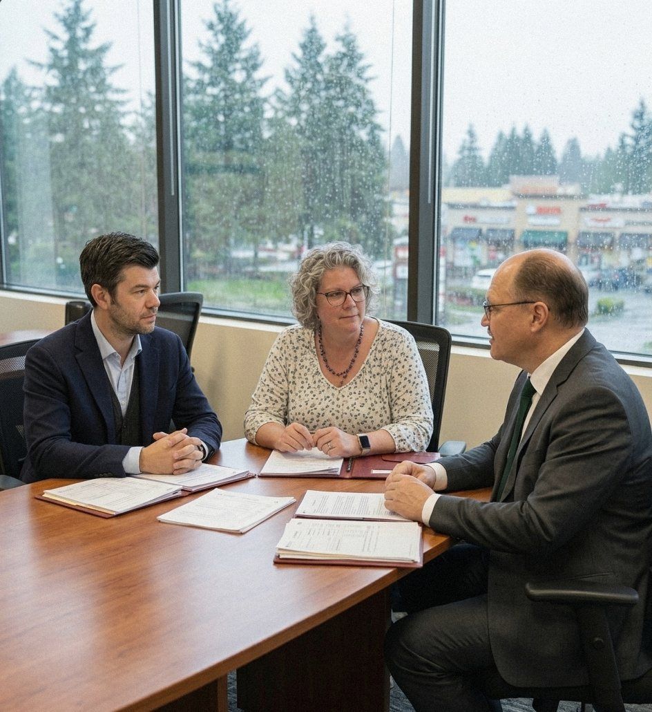 Rosty Pavlovskyy with Green Turtle team members Andrew and Ann reviewing a client's financials