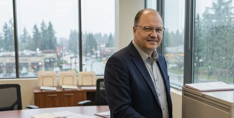 Rosty Pavlovskyy of Green Turtle beside the year-end files for an incorporated client