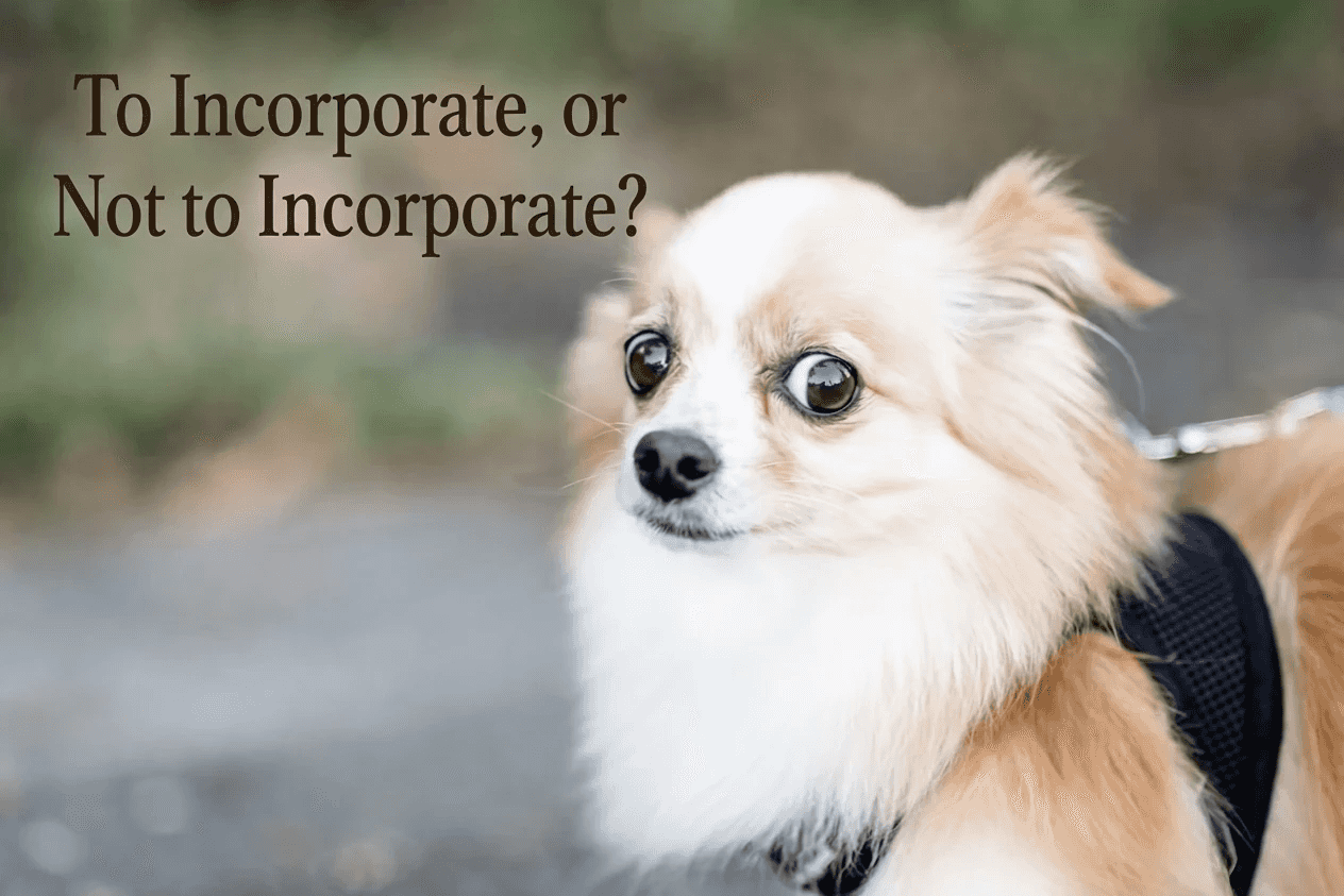 A wide-eyed small dog glancing sideways next to the words: To Incorporate, or Not to Incorporate?