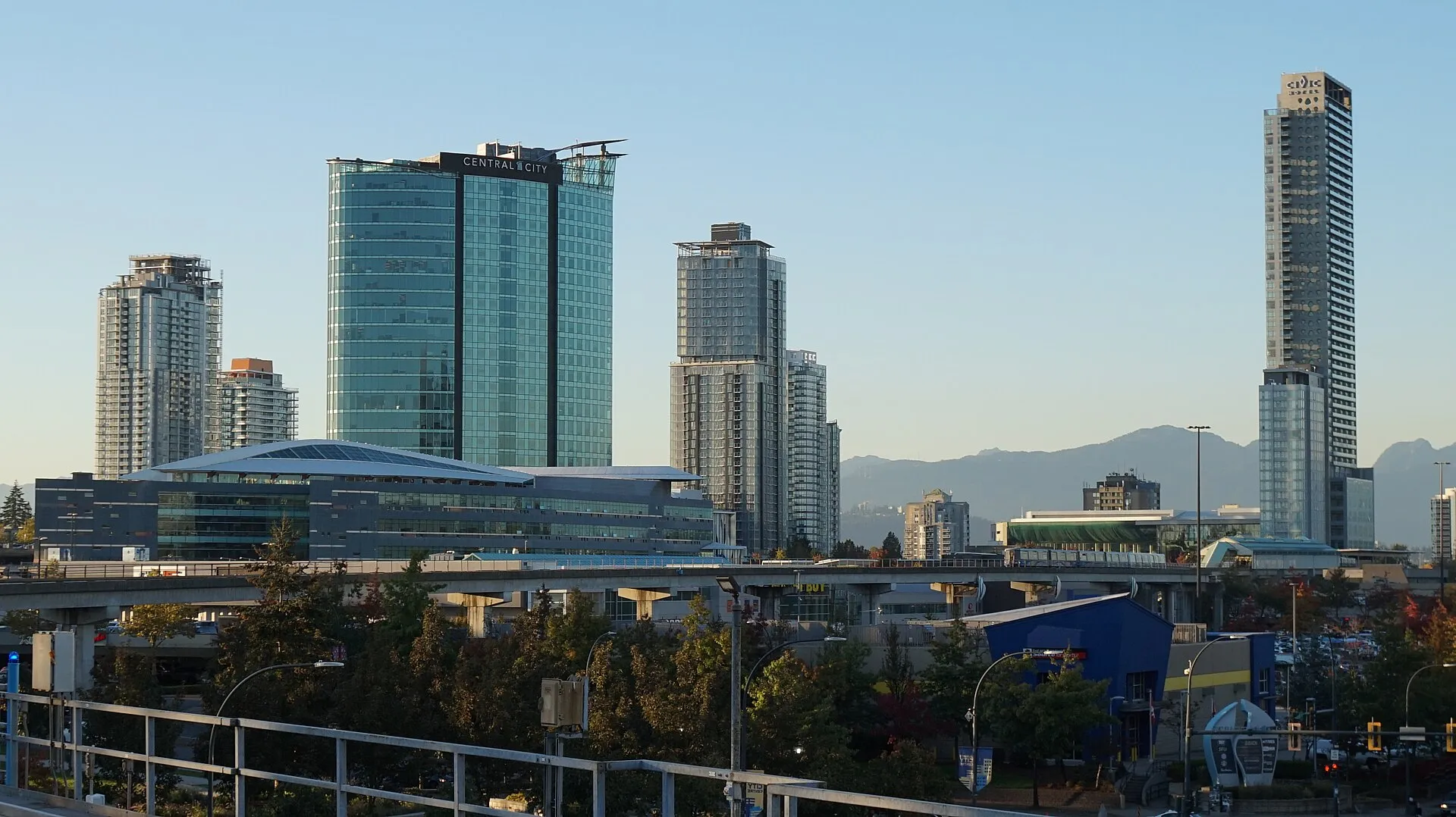 Office and residential towers around King George station in Surrey City Centre