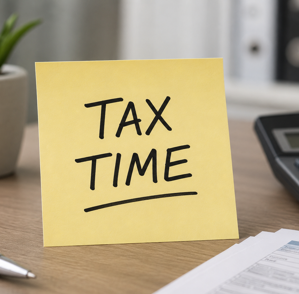 Tax Time sticky Note on desk with calculator
