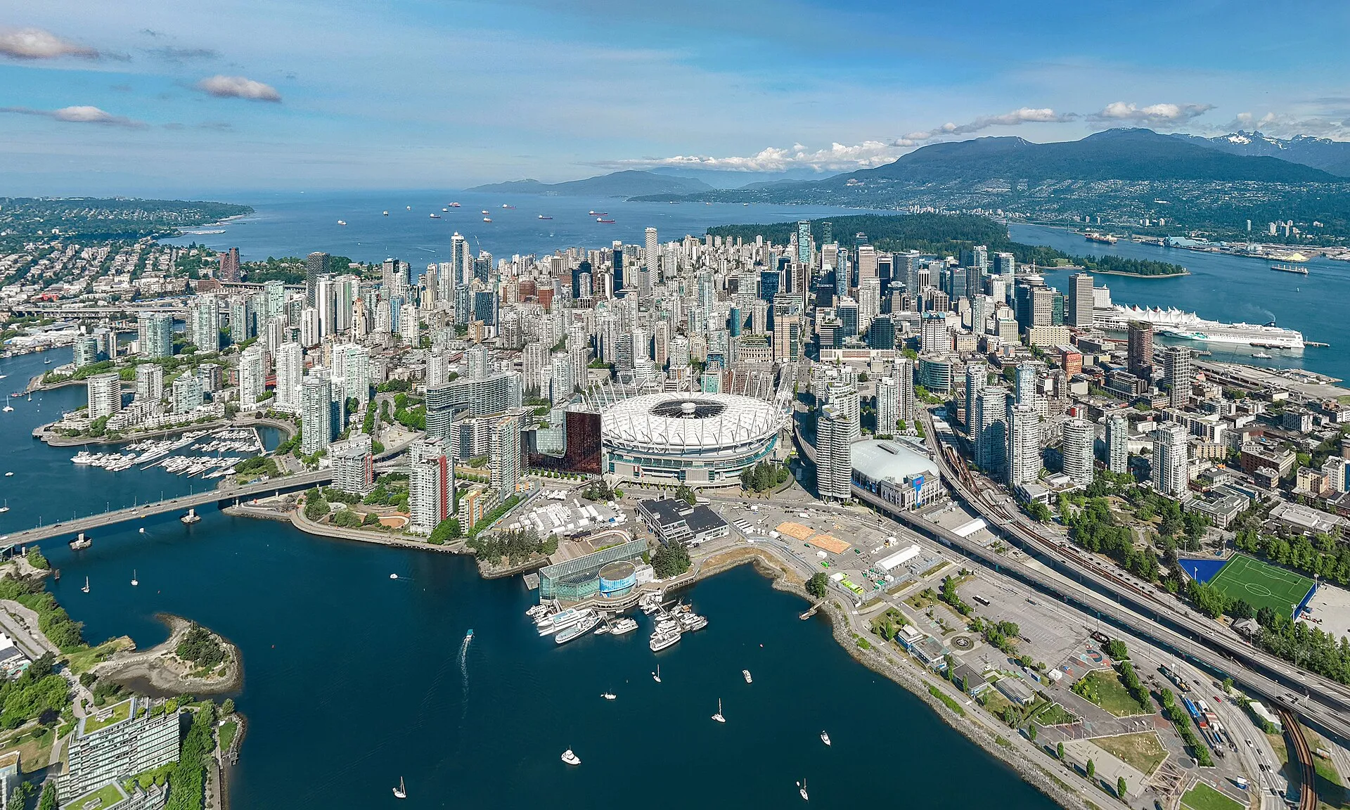 Aerial view of downtown Vancouver, False Creek, and BC Place